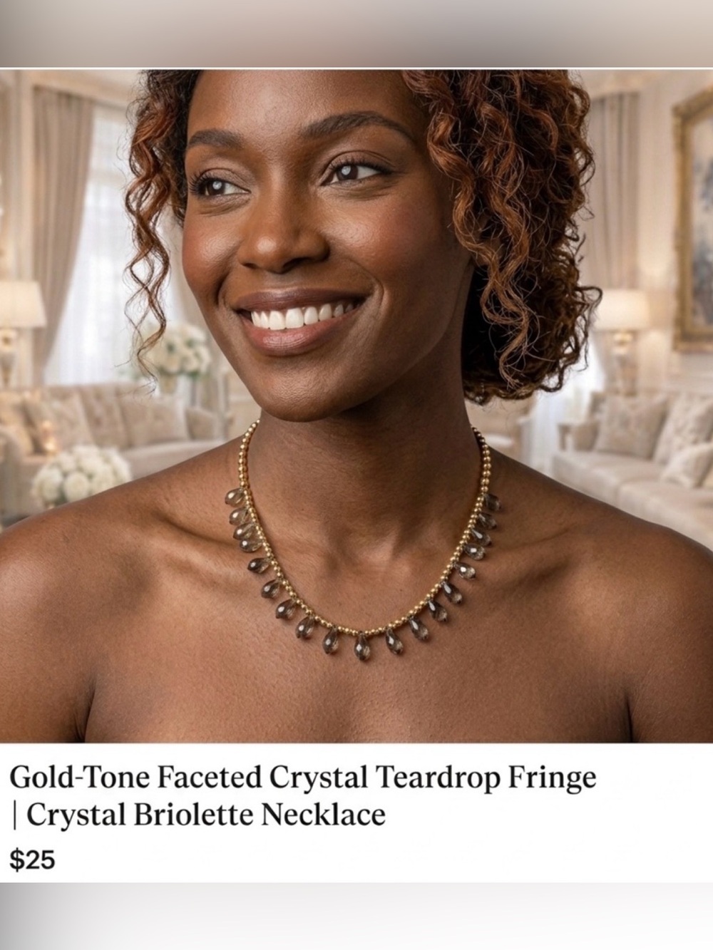 Gold-Tone Faceted Crystal Teardrop Fringe | Crystal Briolette Necklace with box!